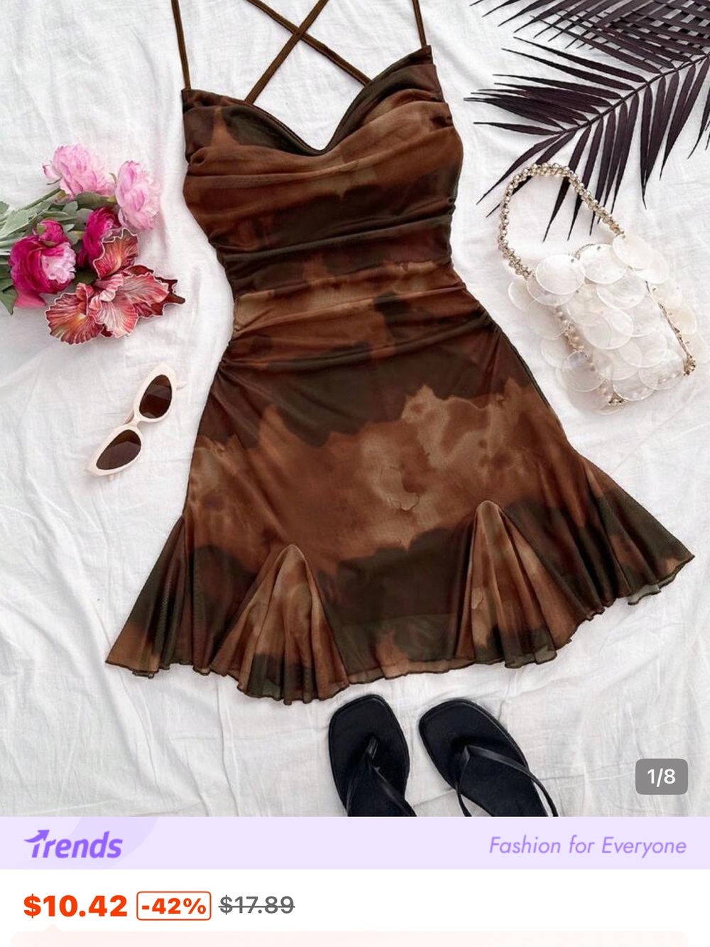 SHEIN Brown Tie-Dye Spaghetti-Strap Mini Dress